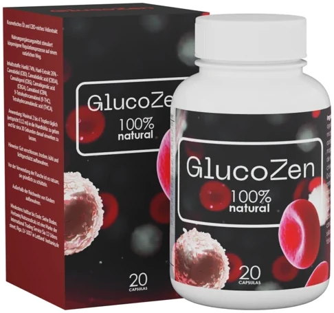 GlucoZen — empaque, 20 cápsulas